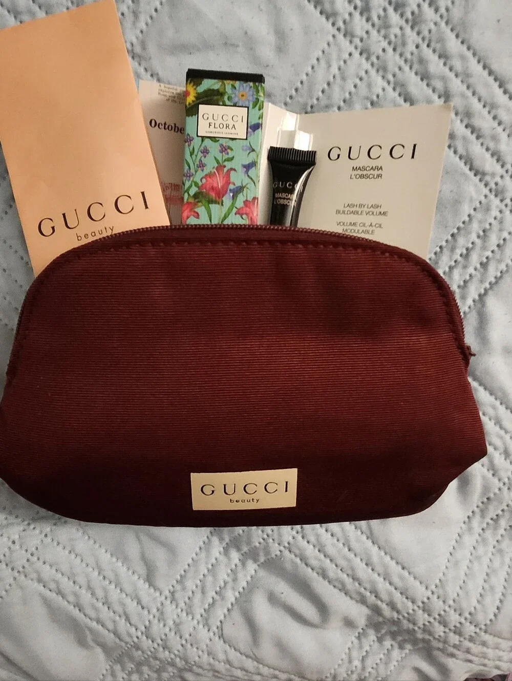 Gucci Burgundy Cosmetic Pouch with Travel Bundle Set / Gift Set